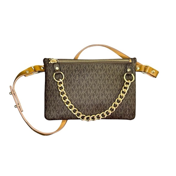 Michael Kors Monogram Signature Brown Belt Bag with Gold Chain Accent - Picture 8 of 9